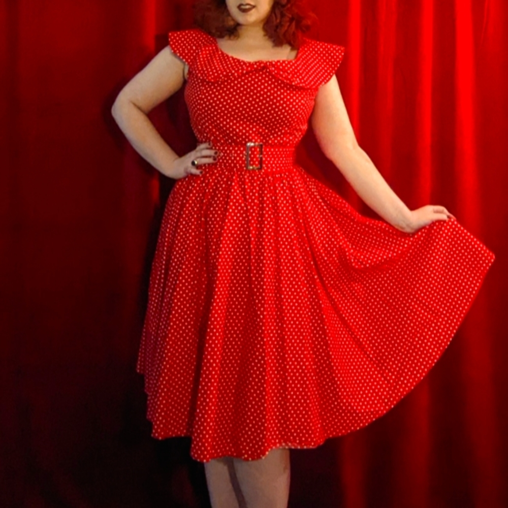Lindy Bop Hetty retro pinup red and white polkadot collared dress with belt